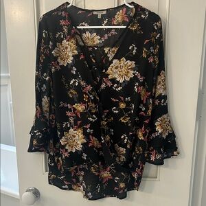 JODIFL Black Floral Wrap Blouse